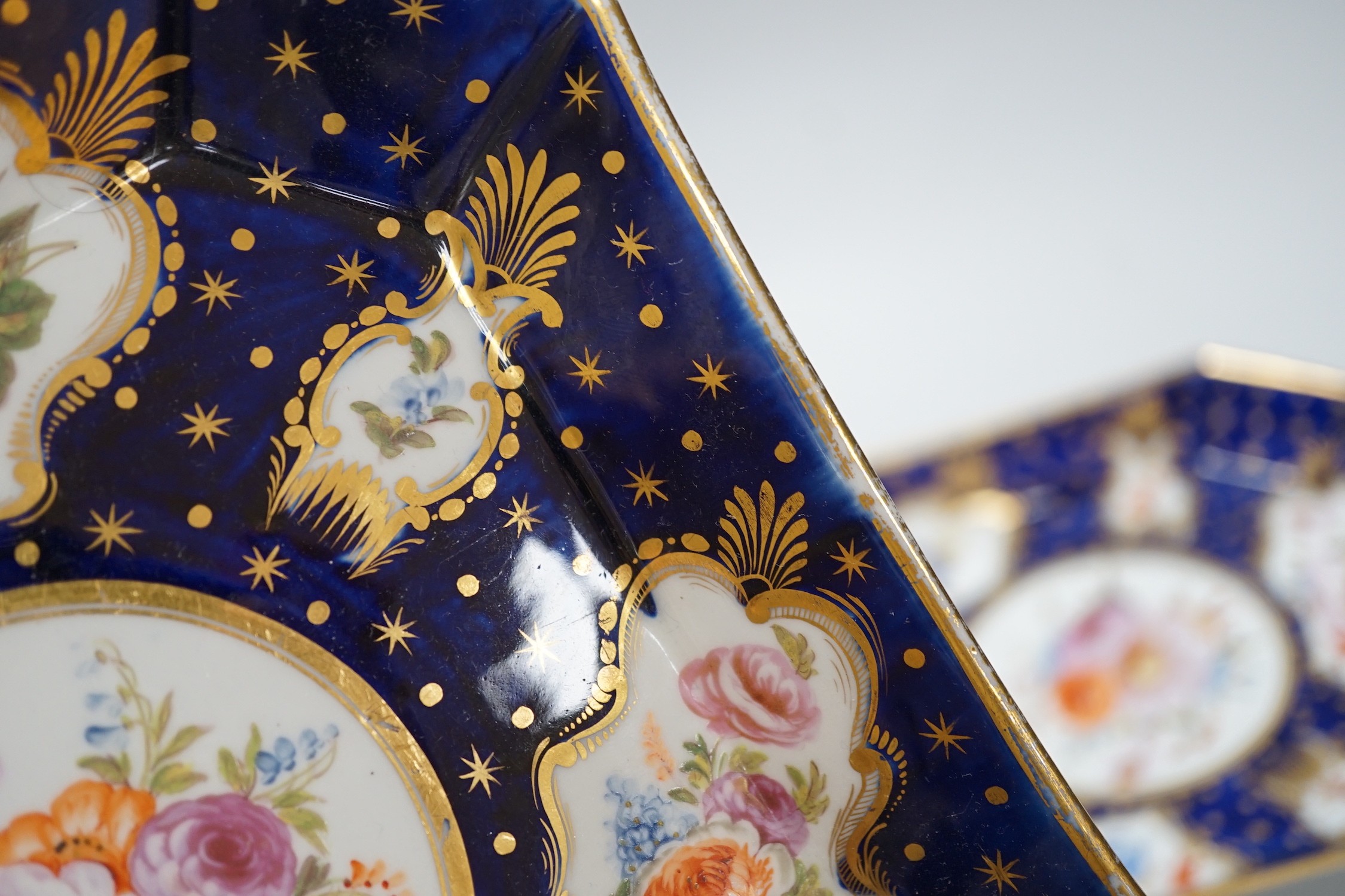 A pair of Coalport blue-ground dessert dishes, c.1815-20, with floral panelled decoration